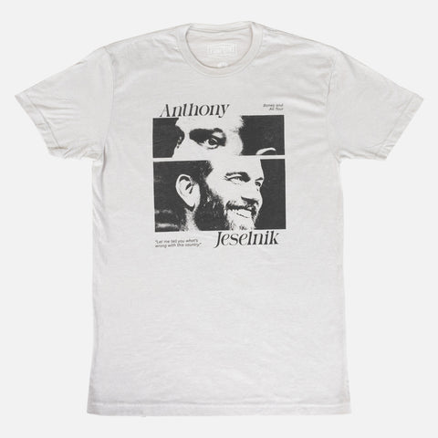 Sand colored shirt with graphic of Anthony Jeselnik with text "Anthony Jeselnik"
