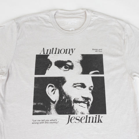closeup of sand colored shirt with graphic of Anthony Jeselnik with text "Anthony Jeselnik"