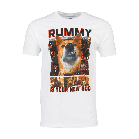 White tee with 4 images of Rummy The dog with text "RUMMY IS YOUR NEW GOD"